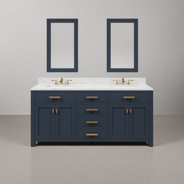 72 Inch Ripple Double Sink Bathroom Vanity Carrara White Marble Monarch Blue with Gold Hardware and Mirrors