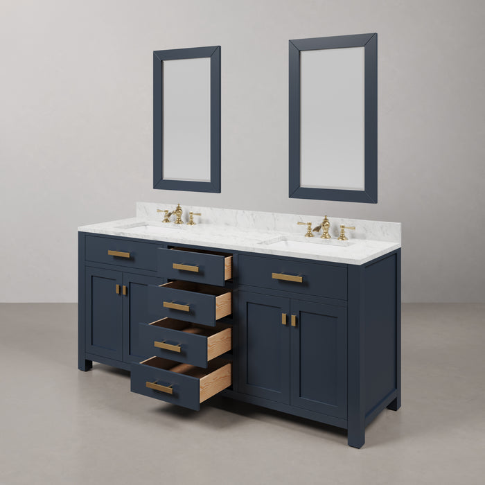 72 Inch Ripple Double Sink Bathroom Vanity Carrara White Marble Monarch Blue with Gold Hardware and Mirrors