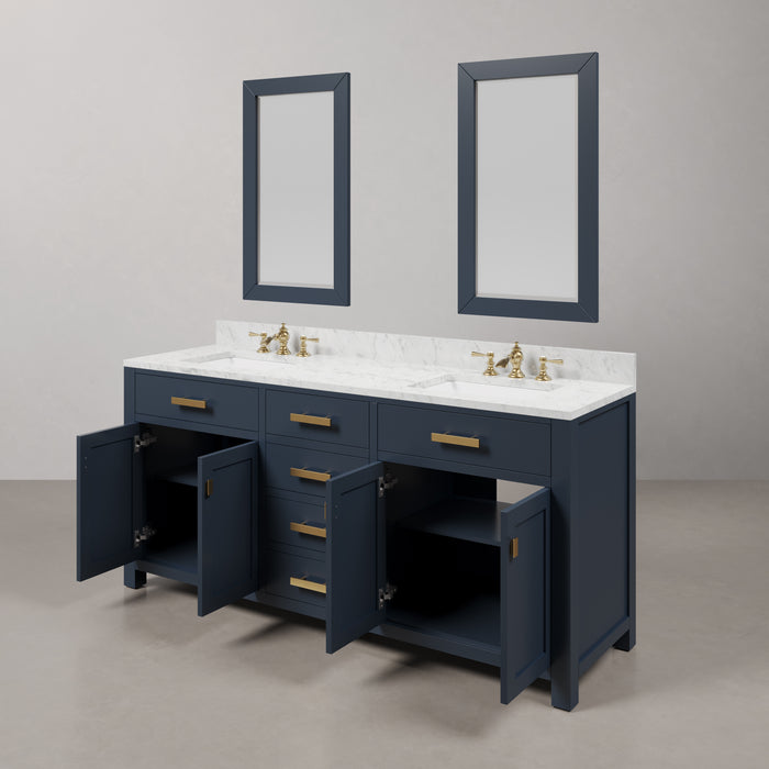72 Inch Ripple Double Sink Bathroom Vanity Carrara White Marble Monarch Blue with Gold Hardware and Mirrors