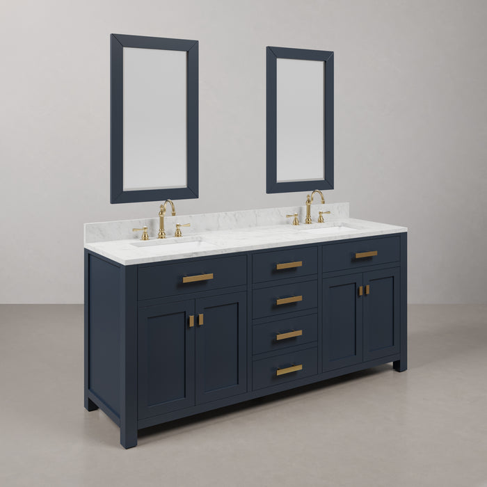 72" Fortuna Double Sink Carrara Marble Bathroom Vanity Monarch Blue with Satin Gold Hardware & Faucets