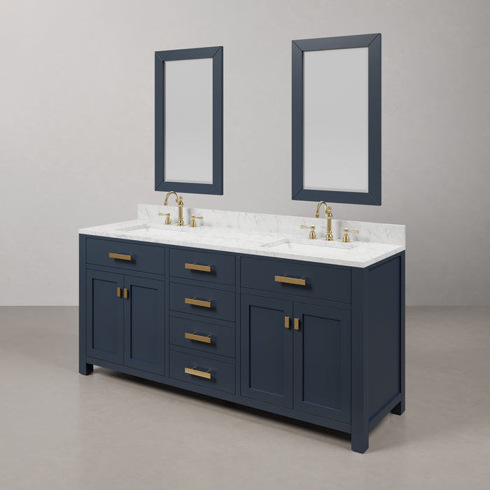 72" Fortuna Double Sink Carrara Marble Bathroom Vanity Monarch Blue with Satin Gold Hardware & Faucets