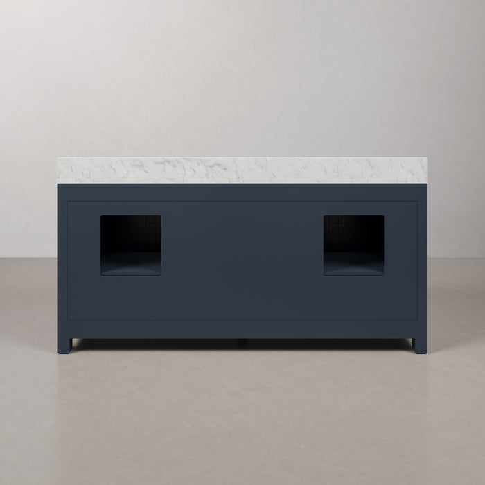 72 Inch Entangled Double Sink Bathroom Vanity Carrara White Marble Monarch Blue Satin Gold Hardware Rectangular Mirrors