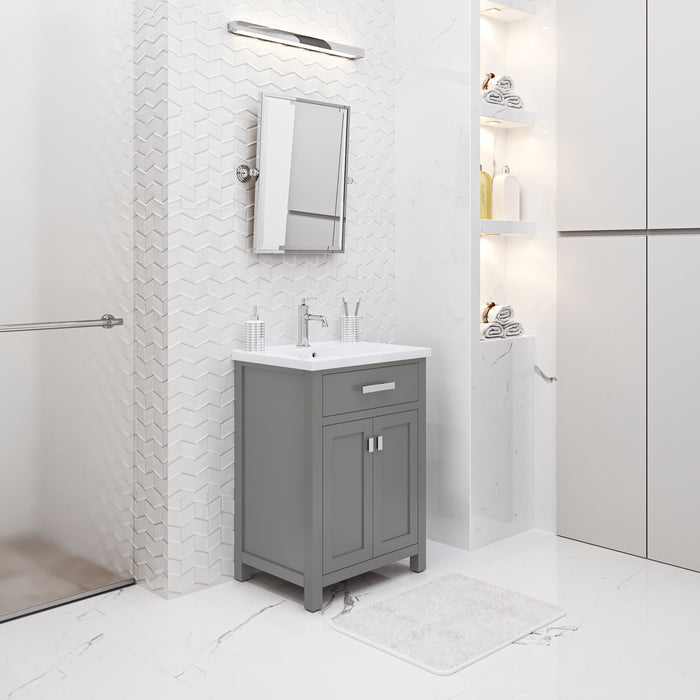 24 Inch Viscount Cashmere Grey Bathroom Vanity - White Ceramic Countertop with Integrated Sink & Chrome Faucet
