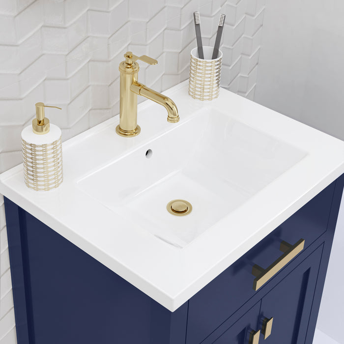24 Inch Marquis Ceramic Integrated Sink Vanity - Monarch Blue Modern Bathroom Vanity with Satin Gold Hardware