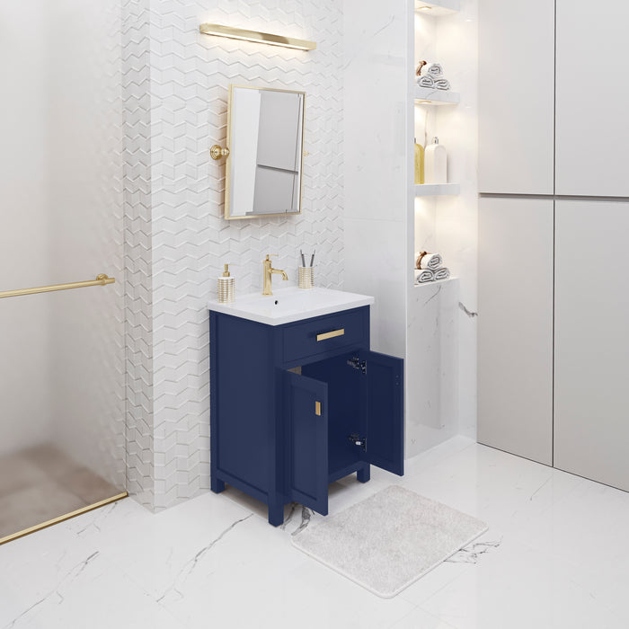 24 Inch Marquis Ceramic Integrated Sink Vanity - Monarch Blue Modern Bathroom Vanity with Satin Gold Hardware