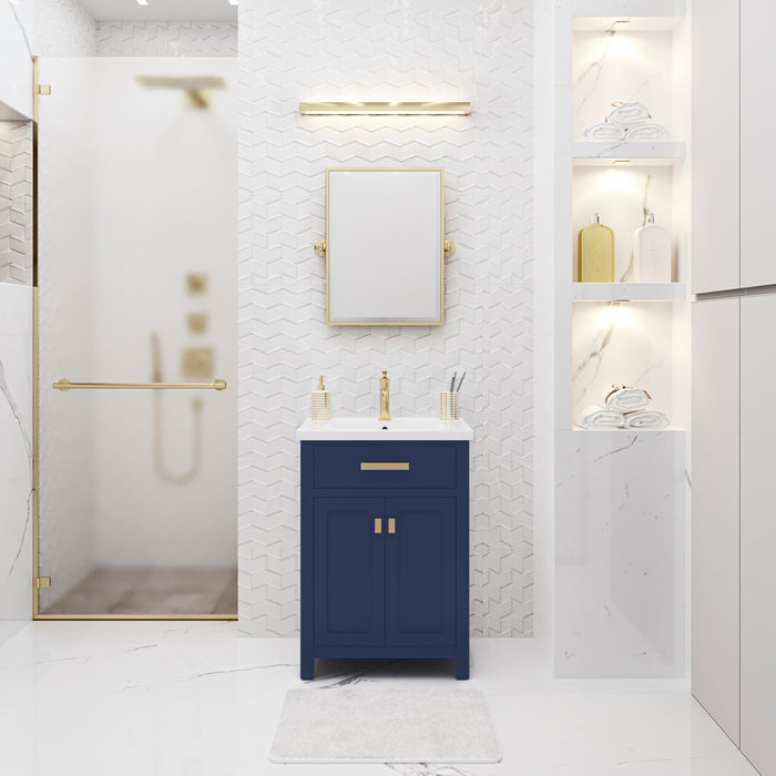 24-Inch Curve Bathroom Vanity with White Ceramic Countertop and Integrated Sink - Monarch Blue