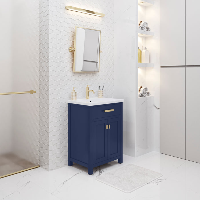 24 Inch Marquis Ceramic Integrated Sink Vanity - Monarch Blue Modern Bathroom Vanity with Satin Gold Hardware