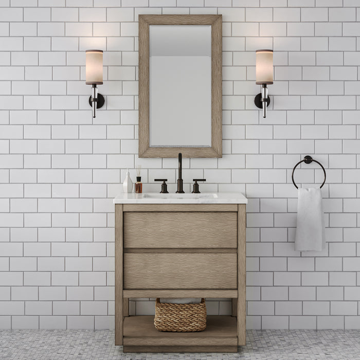 30 Inch Carrara White Marble Charge Single Sink Bathroom Vanity Grey Oak Mid-Century Modern with Mirror