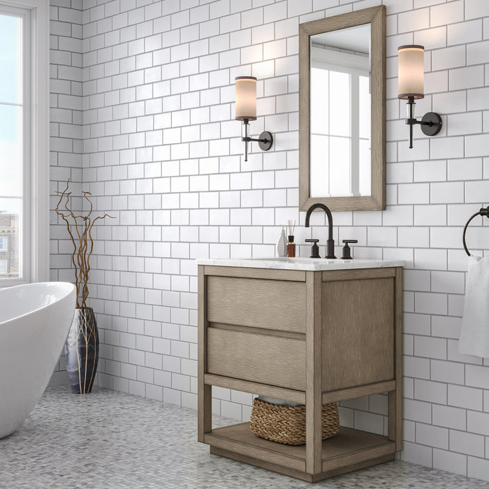 30 Inch Carrara White Marble Bath Vanity Grey Dispat Freestanding with Oil Rubbed Bronze Faucet & Rectangular Mirror