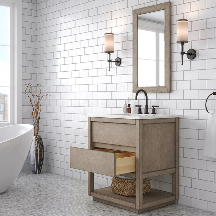 30 Inch Carrara White Marble Charge Single Sink Bathroom Vanity Grey Oak Mid-Century Modern with Mirror