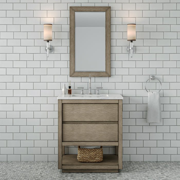 30 Inch Shore Bathroom Vanity in Grey Oak with Carrara Marble Countertop, Chrome Faucet & Rectangular Mirror