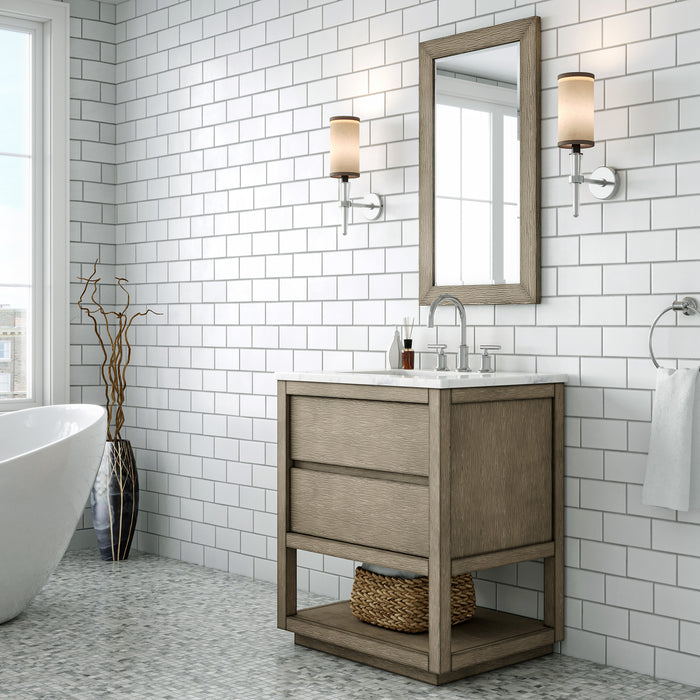 30 Inch Shore Bathroom Vanity in Grey Oak with Carrara Marble Countertop, Chrome Faucet & Rectangular Mirror