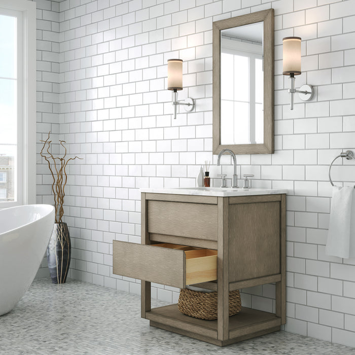 30 Inch Shore Bathroom Vanity in Grey Oak with Carrara Marble Countertop, Chrome Faucet & Rectangular Mirror