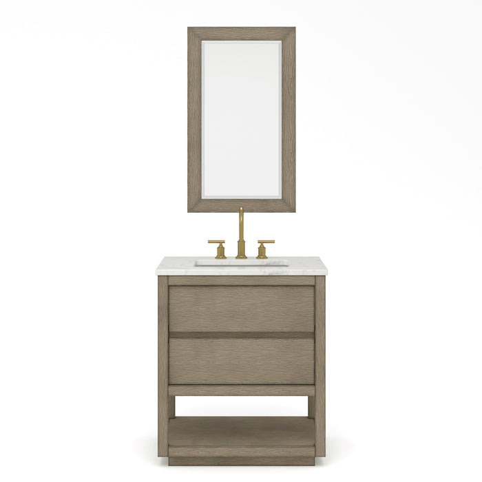30 Inch Artice Grey Oak Single Sink Vanity Set - Carrara White Marble Top with Satin Gold Faucet & Rectangular Mirror