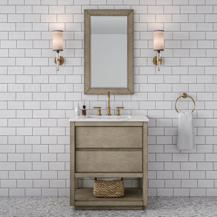 30 Inch Artice Grey Oak Single Sink Vanity Set - Carrara White Marble Top with Satin Gold Faucet & Rectangular Mirror