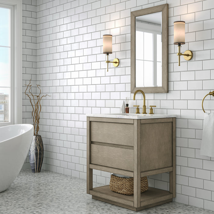 30 Inch Stealth Single Sink Vanity Grey Oak - Carrara White Marble Top with Soft Close Drawers & Gold Faucet