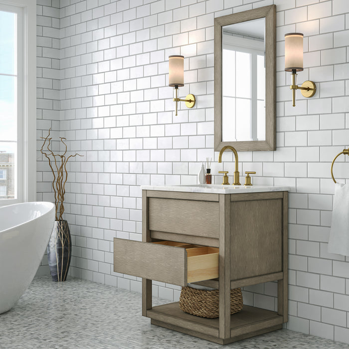 30 Inch Artice Grey Oak Single Sink Vanity Set - Carrara White Marble Top with Satin Gold Faucet & Rectangular Mirror