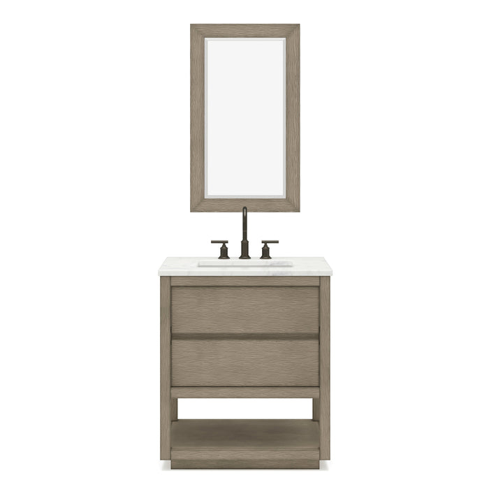 30 Inch Carrara White Marble Charge Single Sink Bathroom Vanity Grey Oak Mid-Century Modern with Mirror