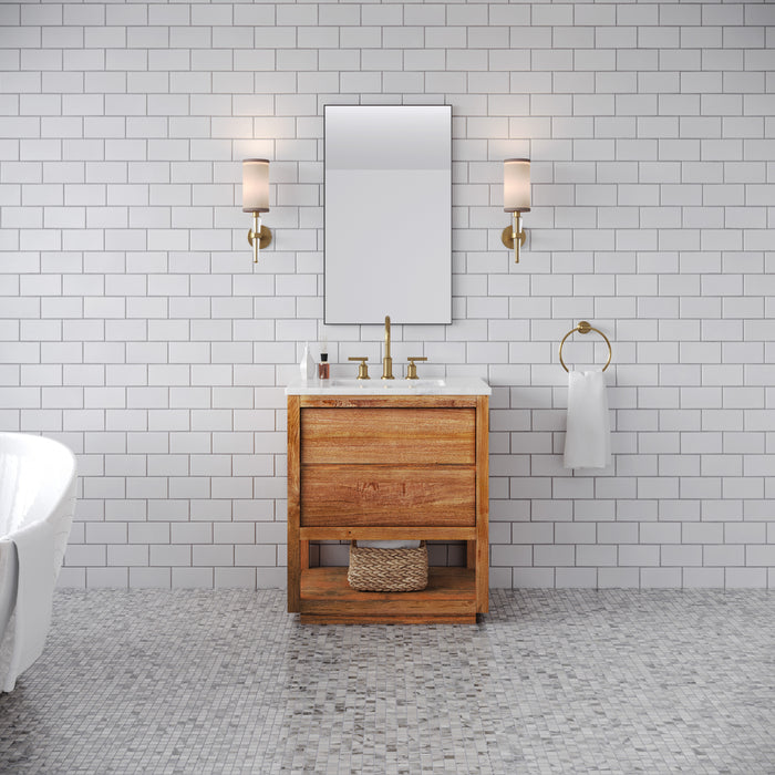 30 Inch Sauna Single Sink Mango Wood Bath Vanity with Carrara Marble Countertop Soft Close