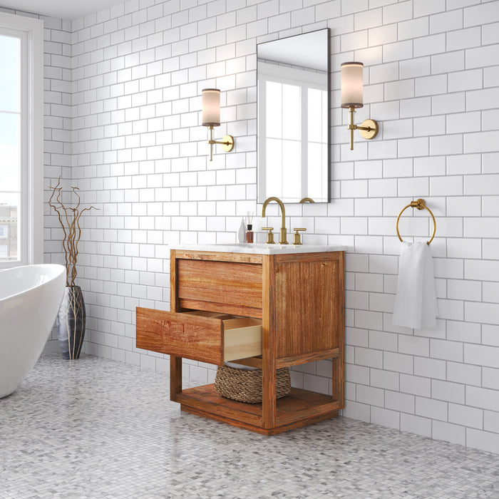 30-Inch Mango Wood Freestanding Bathroom Vanity Prospect with Carrara Marble and Satin Gold Faucet