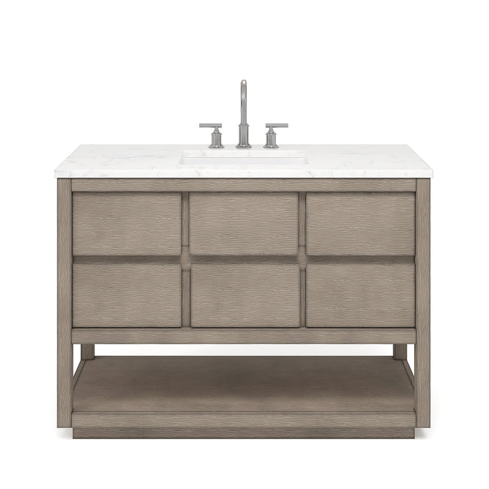 48-Inch Grey Oak Bathroom Vanity Harmony Carrara Marble Top Soft Close Drawers Chrome Faucet