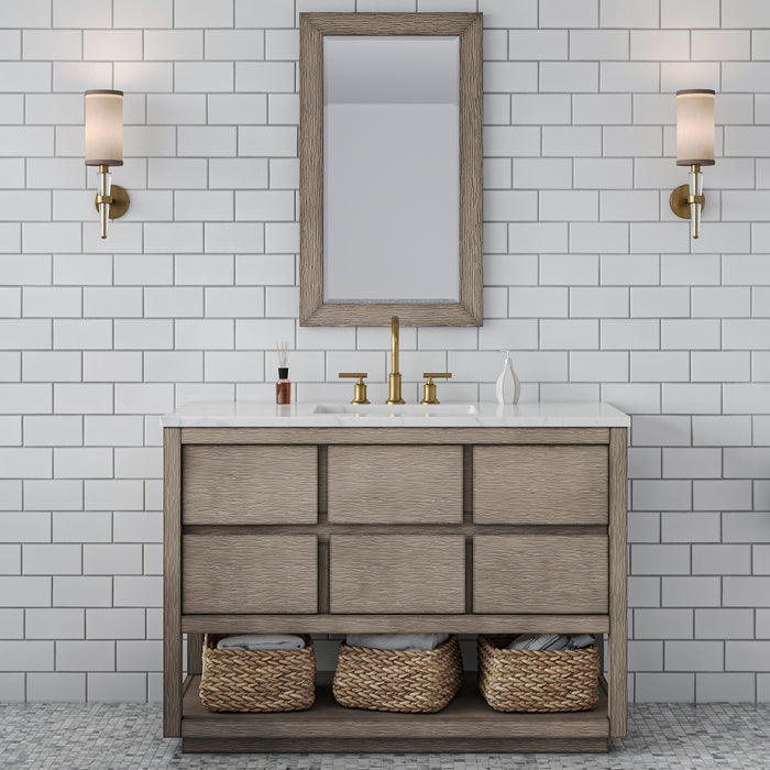 48-Inch Arbor Carrara White Marble Bathroom Vanity in Grey Oak Finish with Undermount Sink & Gold Faucet