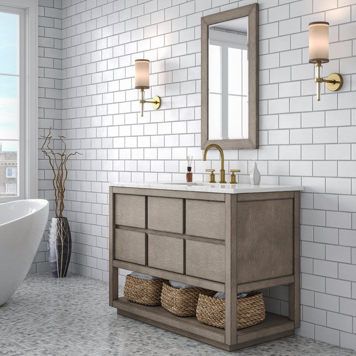 48-Inch Arbor Carrara White Marble Bathroom Vanity in Grey Oak Finish with Undermount Sink & Gold Faucet