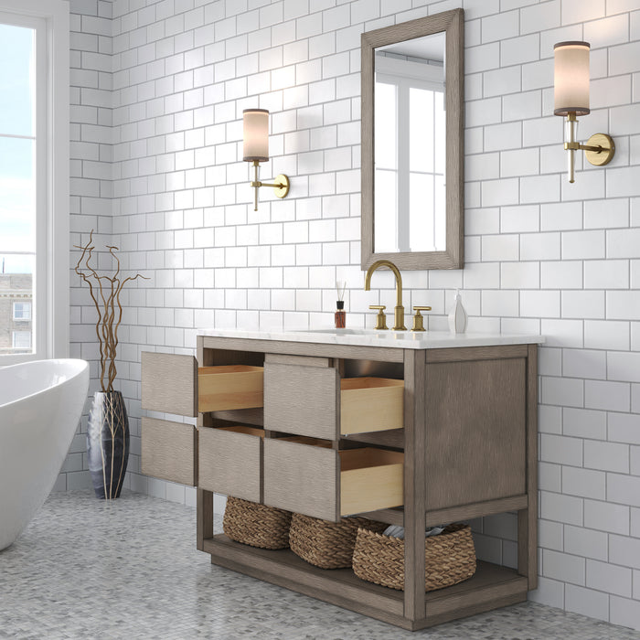 48-Inch Arbor Carrara White Marble Bathroom Vanity in Grey Oak Finish with Undermount Sink & Gold Faucet