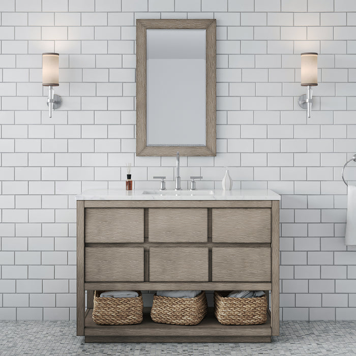 48-Inch Whisk Carrara Marble Grey Oak Bathroom Vanity Single Sink Modern with Chrome Faucet Rectangular Mirror