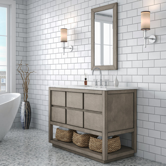 48-Inch Grey Oak Bathroom Vanity Harmony Carrara Marble Top Soft Close Drawers Chrome Faucet