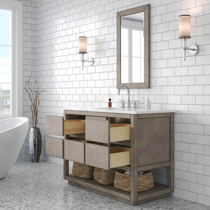 48-Inch Grey Oak Bathroom Vanity Harmony Carrara Marble Top Soft Close Drawers Chrome Faucet