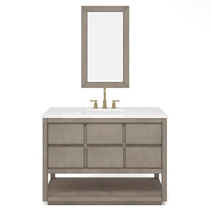 48 Inch Whirl Grey Oak Carrara Marble Single Sink Vanity Set with Gold Faucets & Rectangular Mirror