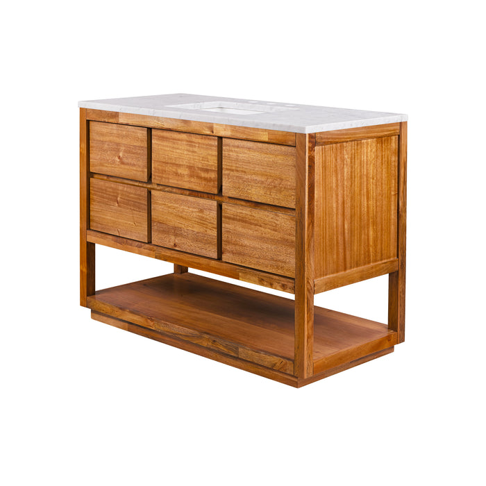 48 Inch Carrara Marble Gridiron Single Sink Vanity - Mango Wood Bathroom Vanity with Chrome Gooseneck Faucet