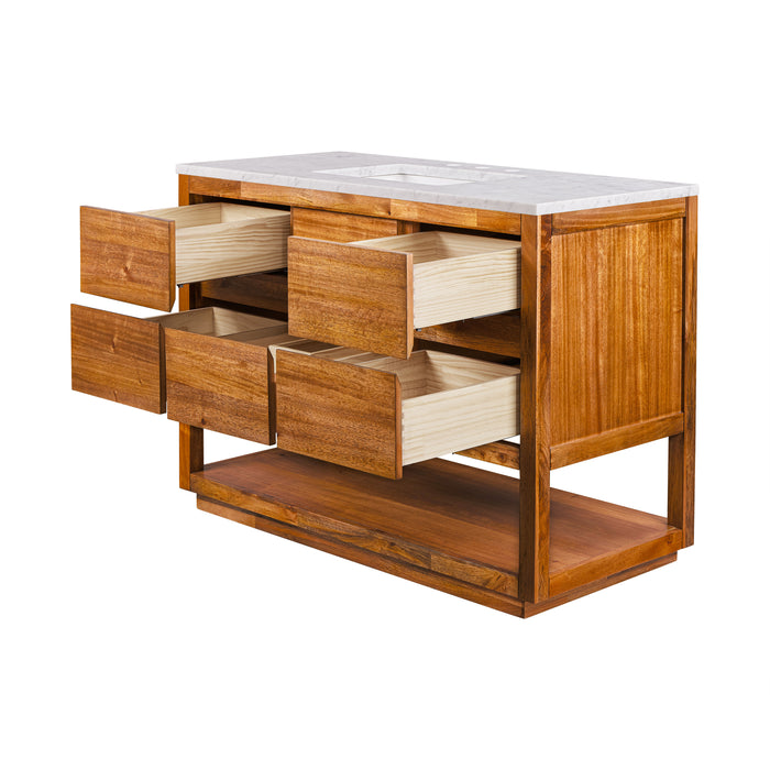 48 Inch Mango Wood Freestanding Aura Vanity Single Ceramic Sink Carrara Marble 5 Soft Close Drawers with Bronze Faucet