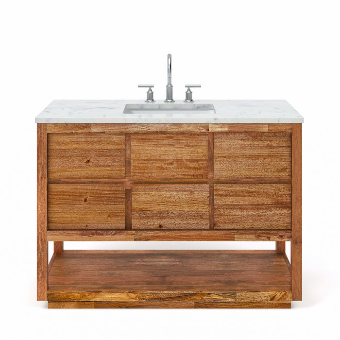 48 Inch Carrara Marble Gridiron Single Sink Vanity - Mango Wood Bathroom Vanity with Chrome Gooseneck Faucet
