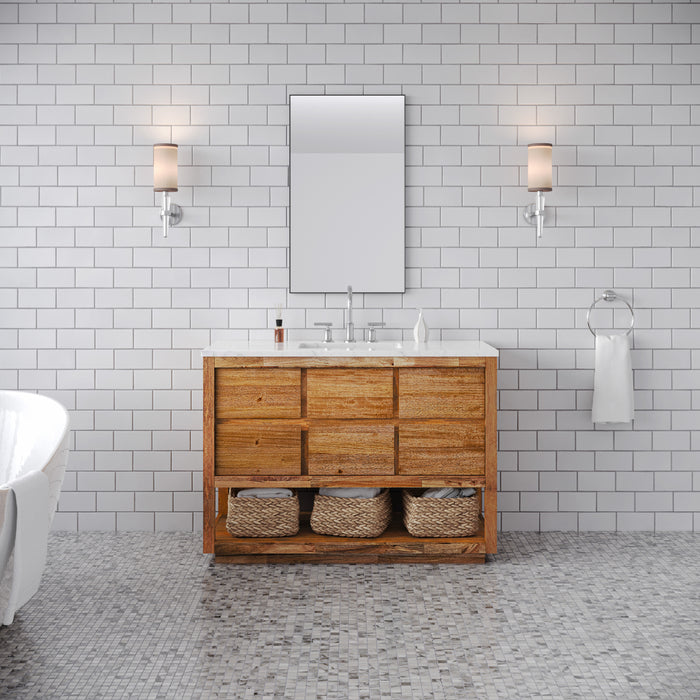 48 Inch Carrara Marble Gridiron Single Sink Vanity - Mango Wood Bathroom Vanity with Chrome Gooseneck Faucet