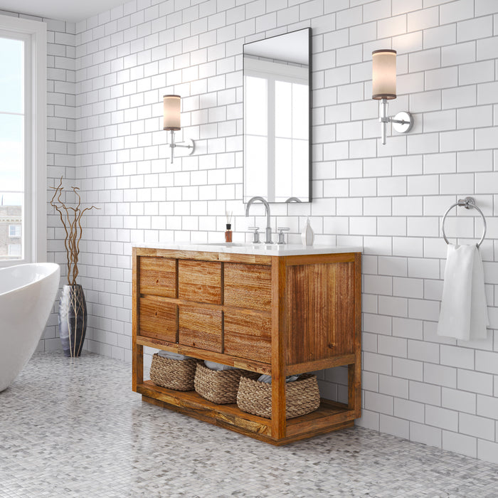 48 Inch Carrara Marble Gridiron Single Sink Vanity - Mango Wood Bathroom Vanity with Chrome Gooseneck Faucet