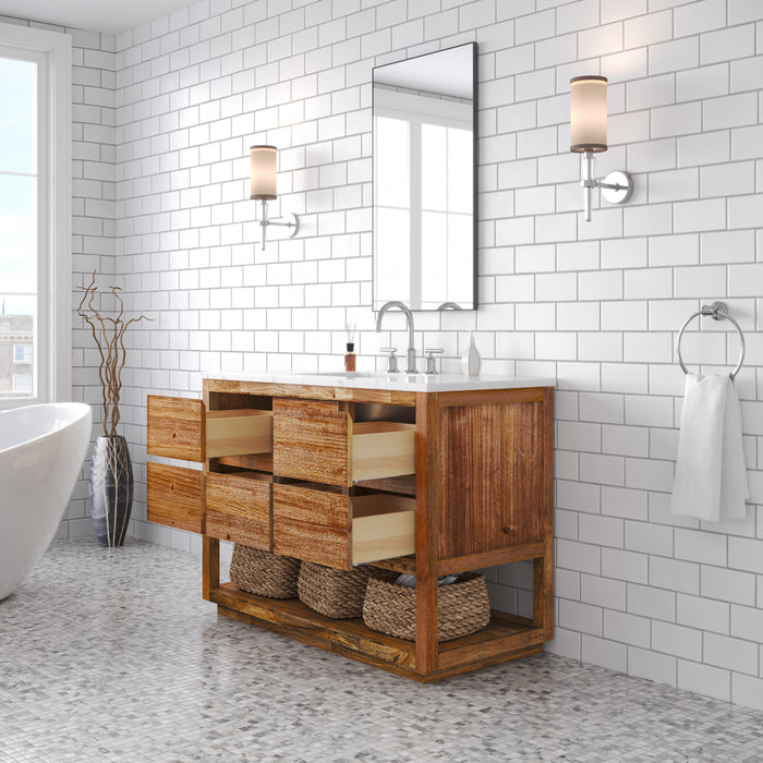 48 Inch Carrara Marble Gridiron Single Sink Vanity - Mango Wood Bathroom Vanity with Chrome Gooseneck Faucet