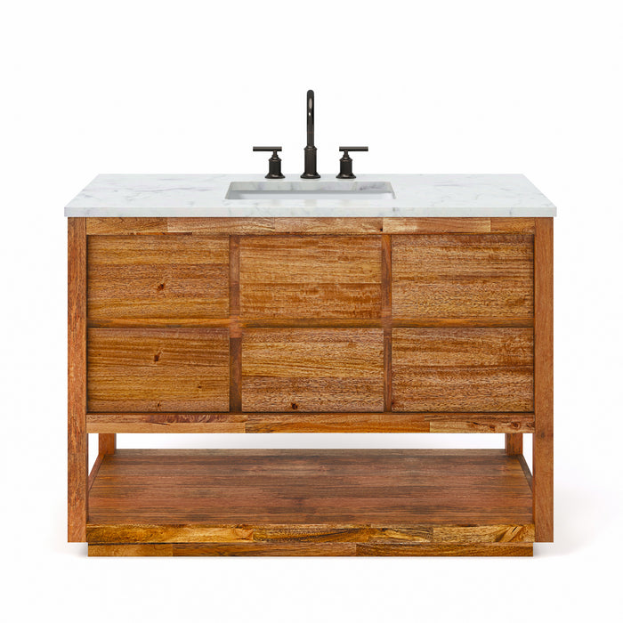 48 Inch Mango Wood Freestanding Aura Vanity Single Ceramic Sink Carrara Marble 5 Soft Close Drawers with Bronze Faucet
