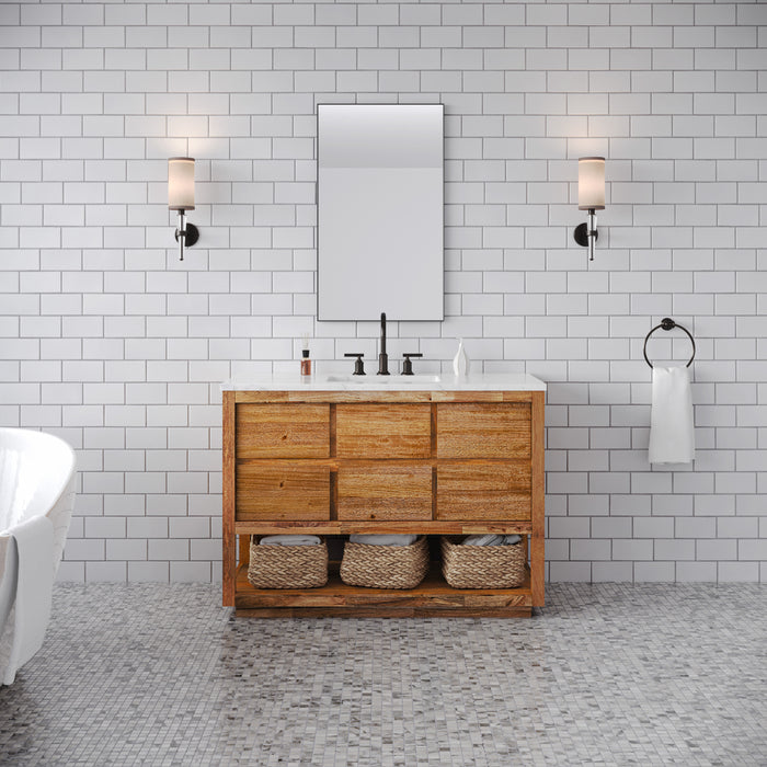 48 Inch Mango Wood Freestanding Aura Vanity Single Ceramic Sink Carrara Marble 5 Soft Close Drawers with Bronze Faucet