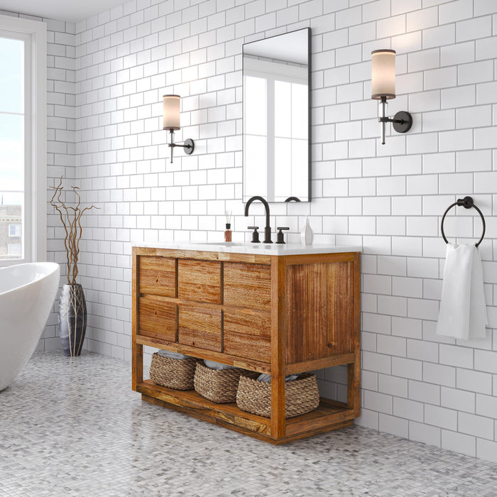 48 Inch Mango Wood Freestanding Aura Vanity Single Ceramic Sink Carrara Marble 5 Soft Close Drawers with Bronze Faucet