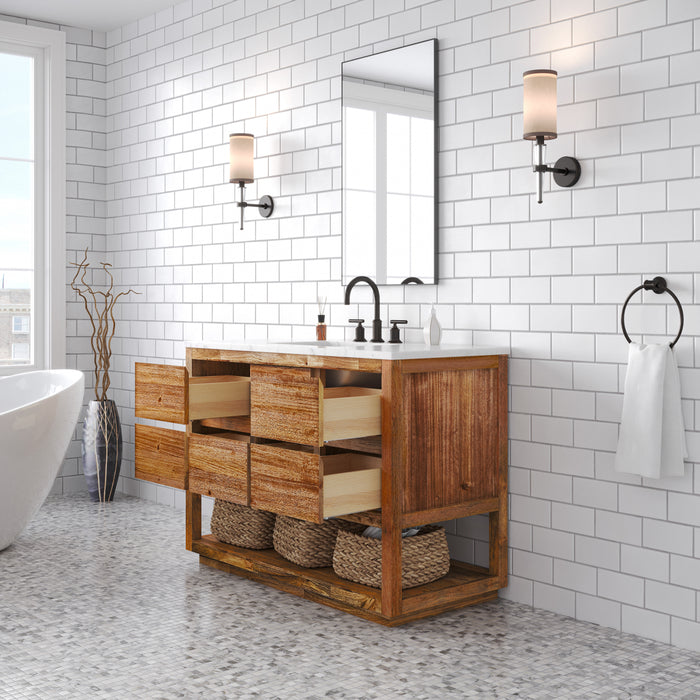 48 Inch Mango Wood Freestanding Aura Vanity Single Ceramic Sink Carrara Marble 5 Soft Close Drawers with Bronze Faucet