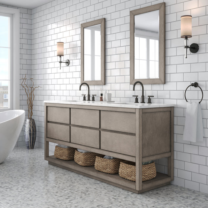 72-Inch Revive Grey Oak Bathroom Vanity Double Undermount Sinks Carrara Marble Fully Assembled with Mirrors