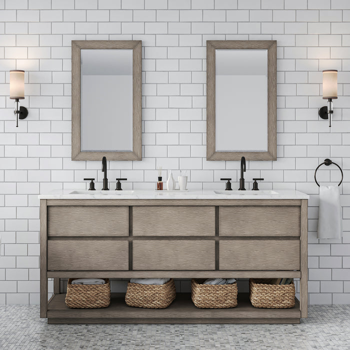 72-Inch Chance Freestanding Double Sink Vanity - Grey Oak with Carrara Marble Top & Rectangular Mirrors