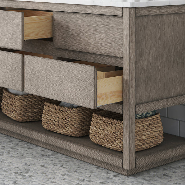 72-Inch Revive Grey Oak Bathroom Vanity Double Undermount Sinks Carrara Marble Fully Assembled with Mirrors