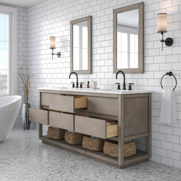72-Inch Revive Grey Oak Bathroom Vanity Double Undermount Sinks Carrara Marble Fully Assembled with Mirrors