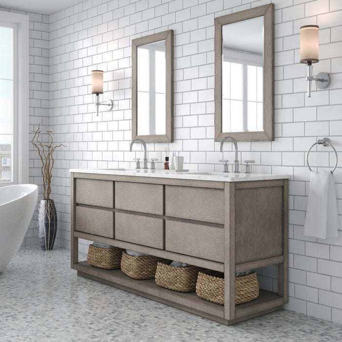72" Grey Oak Double Bathroom Vanity Carrara White Marble Thrive with Chrome Faucets & Rectangular Mirrors