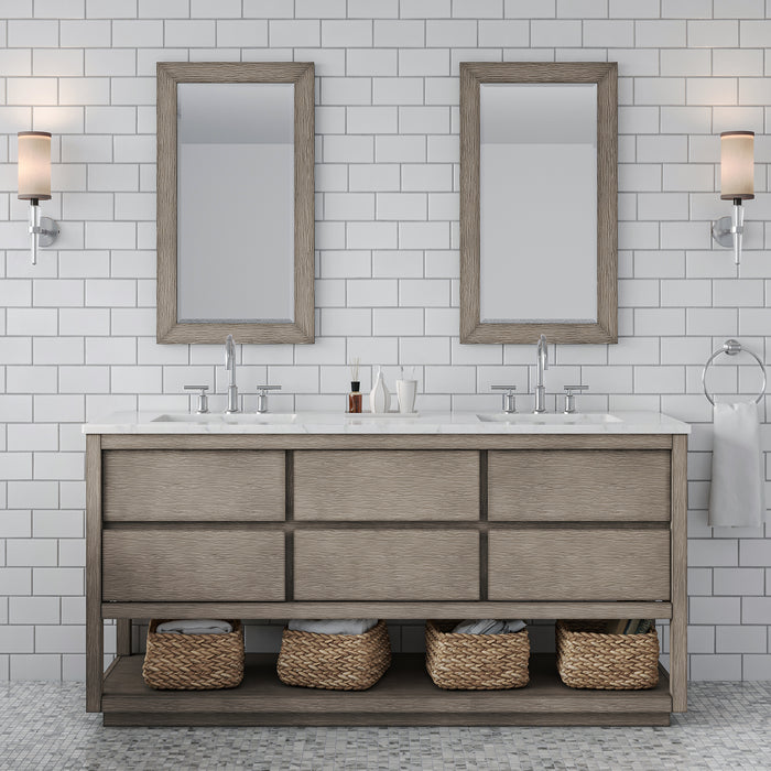 72" Grey Oak Double Bathroom Vanity Carrara White Marble Thrive with Chrome Faucets & Rectangular Mirrors