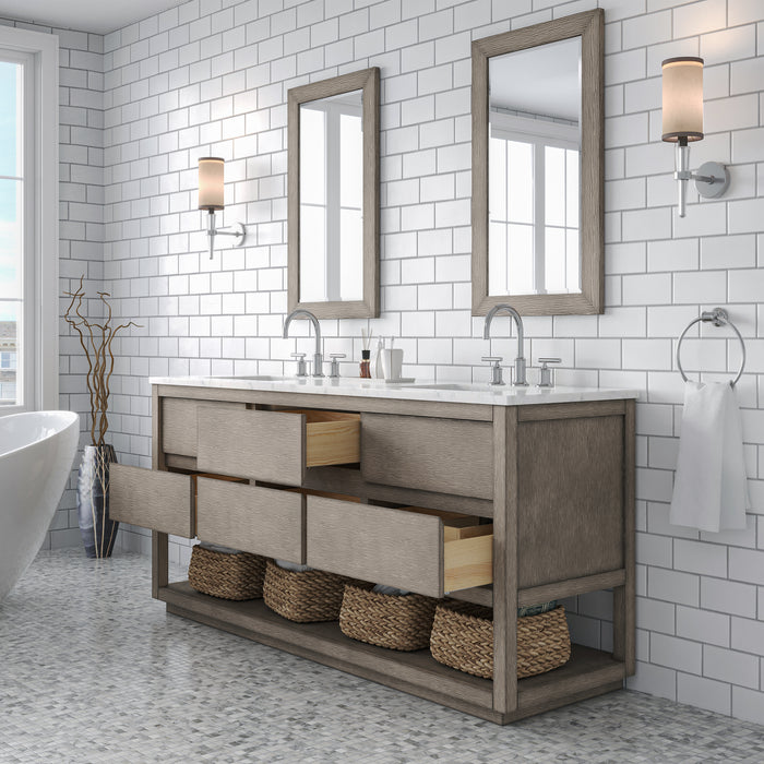 72" Grey Oak Double Bathroom Vanity Carrara White Marble Thrive with Chrome Faucets & Rectangular Mirrors