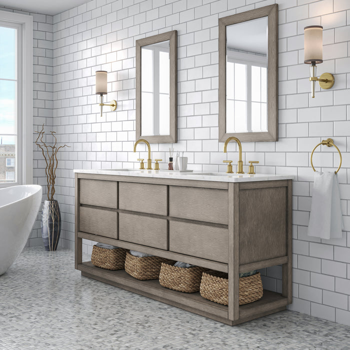 72 Inch Double Sink Grey Oak Immerse Bathroom Vanity - Carrara Marble Countertop with Gold Faucets Included